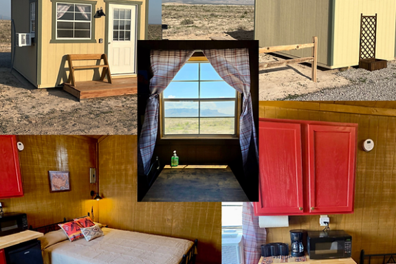 Collage of tiny houses in desert, interior with bed, red cabinets, and window view.