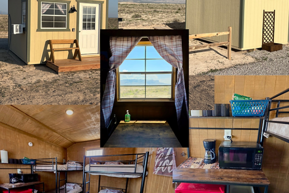 Collage of a tiny house exterior, bunk beds, window view, and kitchenette with red fridge.
