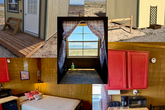 Collage of small cabin, cozy interior, large window view, red kitchen cabinets.
